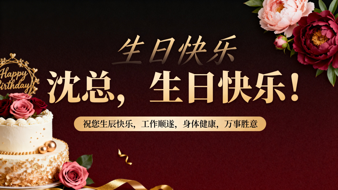 一张优雅大气的生日祝福图，无人物形象，给女性领导沈总，画面中心清晰显示主文字"沈总，生日快乐！"，下方添加祝福语："祝您生辰快乐，工作顺遂，身体健康，万事胜意"。采用优雅香槟金、玫瑰金和酒红配色，暖金预览效果
