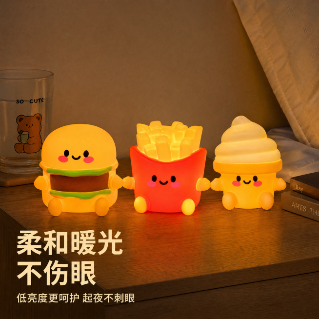 [主图-3] 小夜灯开灯效果展示图
[氛围风格] 温馨暖光氛围，治愈软萌
[画质] 商业摄影质感、光线层次自然、产品清晰真实、画面高级干净
[元素] 三款小夜灯并排摆放在卧室床头柜上，全部开启暖光效果预览效果