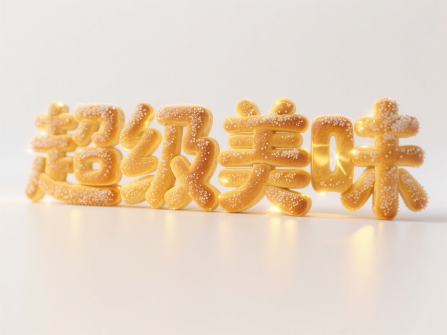 一个用面包做成的“超级美味”大字，面包呈金黄色，表面撒有细砂糖，上面冒着热气预览效果