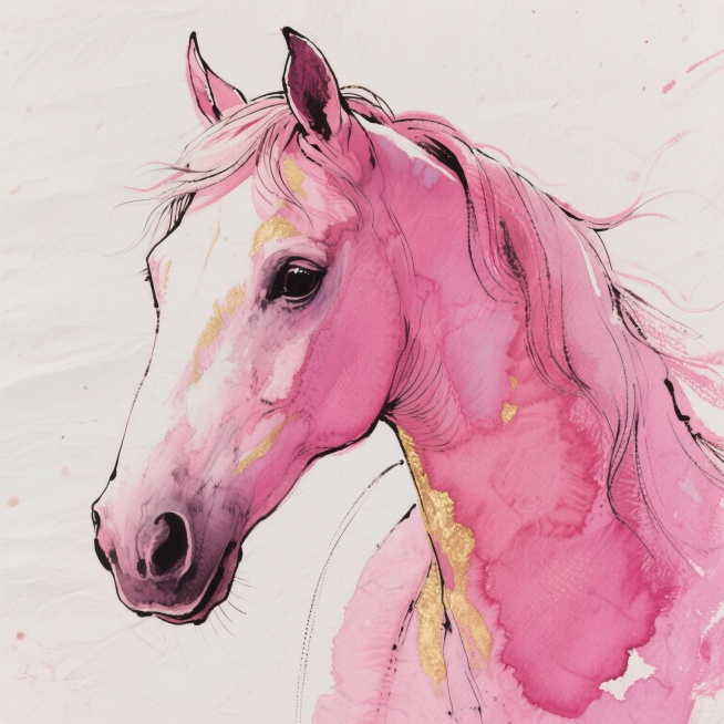水彩画风格，一匹马的马头及部分颈部，主体采用粉色系，包括淡粉和深粉的渐变晕染，局部用金色点缀细节，色彩晕染自然柔和，营造梦幻优雅的氛围，画面整体色调和谐，笔触厚重有质感预览效果