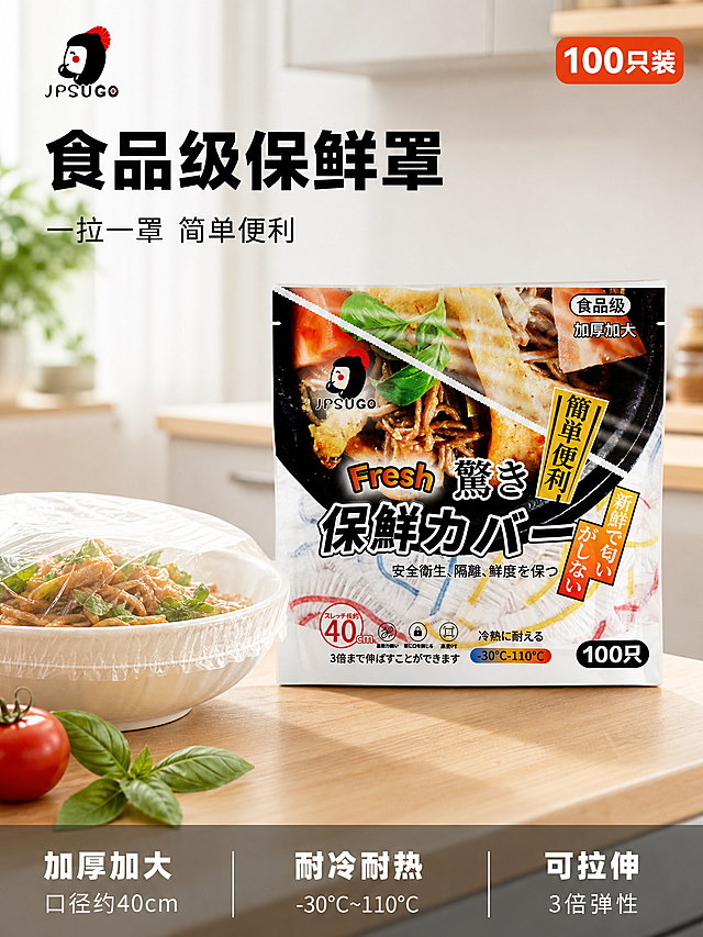 [主图-1] 食品级一次性保鲜罩洁净首图。
[氛围风格] 洁净明亮家居风 清爽实用主义 真实家庭厨房场景。
[画质] 商业摄影质感 光线柔和通透 产品清晰真实 画面干净高级。
[元素] 产品包装袋居中偏右 正面完整展示 袋身图案文字清晰可辨 左上角放置JPSUGO品牌Logo 保持原品牌字形配色比例。背景为整洁明亮的现代厨房台面 浅木色桌面 左侧摆放一碗刚做好的家常菜肴 旁边有新鲜番茄罗勒叶点缀 一只保鲜罩正轻轻盖在碗上 展示使用状态。台面干净整洁 背景虚化有橱柜和柔和窗光。保持产品外观（即物理结构 材质质感 颜色 包装设计）与输入产品图一致 杜绝任何变形和色差 精细化处理。商品主体占比约65%。画面满屏无边框。
[光影] 左侧自然光为主光 经窗纱柔化 光线明亮通透 暖白色调。产品正面受光均匀 袋身有轻微高光体现塑料包装质感 台面有柔和投影 整体光比舒适 高光不溢 暗部有层次。
[配色] 主色米白+浅木色 辅色橙红（强调色） 点缀色清新绿。
[视角构图] 平视略偏俯视 产品为视觉中心 前中后景分层 景深中等 产品轮廓完整不裁切。
[文字版式] 左上负空间左对齐留安全边距。大字主标题"食品级保鲜罩"黑色最大号粗体无衬线 下方辅助短句"一拉一罩 简单便利"约半高 同色略浅。右上橙红底白字圆角小标签"100只装"留内边距。底部通栏半透明浅灰蒙层均分三列 列内上短句下说明左对齐：列一"加厚加大""口径约40cm" 列二"耐冷耐热""-30℃~110℃" 列三"可拉伸""3倍弹性"。上层短句更重 白字与暗底强反差 现代无衬线字体。
[输出要求] 3:4比例 文字清晰锐利 画面超高清商业摄影质感。
[负向提示词] 变形 文字错乱 产品图模糊 背景杂乱 水印 电商平台Logo 多余的手 畸形手 手部扭曲 人物面部扭曲。