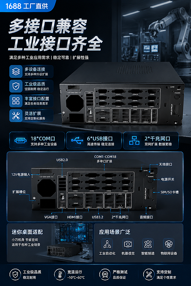 工控机箱详情页，展示多接口兼容和齐全工业接口，特写接口布局，迷你桌面适配，工厂科技风，1688平台详情页，突出多接口兼容、工业接口齐全卖点，科技工业背景