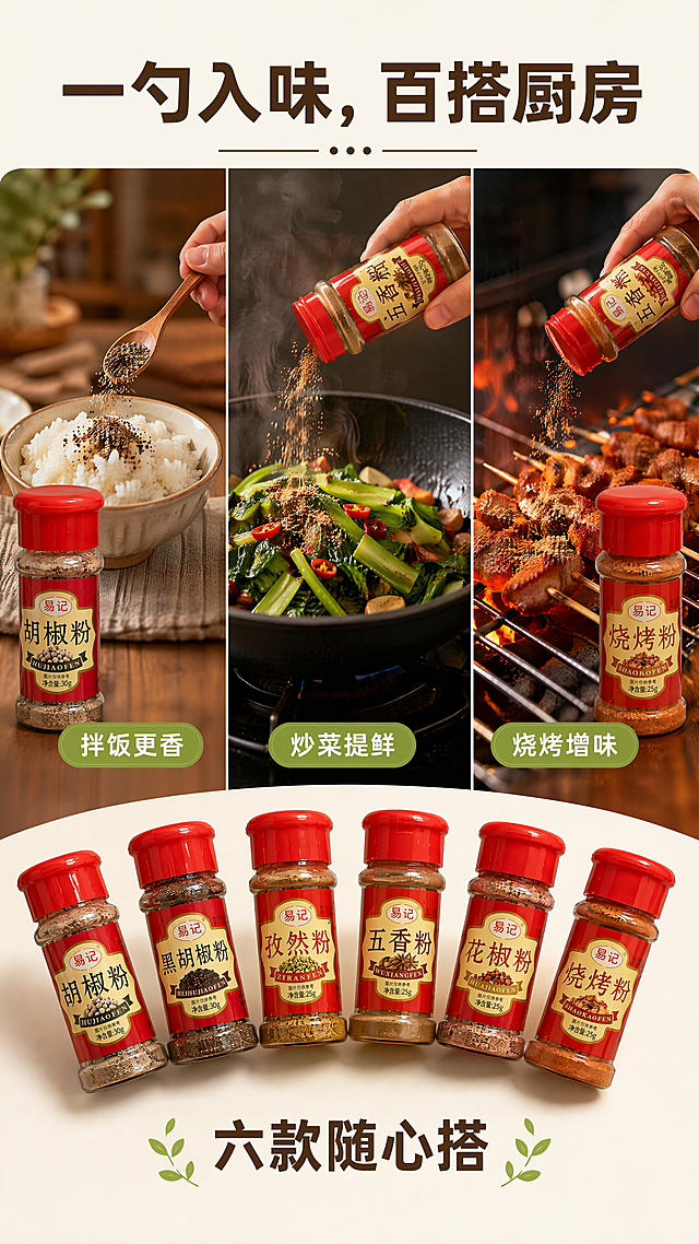 [第3屏] 多场景食用展示屏-易记六款调味料日常烹饪搭配应用。[氛围/风格] 生活化实景+温暖厨房氛围+动态操作感, 强调「下饭」「佐餐」「百搭」场景价值。[元素布局] 画面分三栏竖向拼接：左栏为「拌饭时刻」——白米饭碗+筷子挑起撒胡椒粉动作，瓶装胡椒粉在旁；中栏为「炒菜提香」——热锅中翻炒青菜，手握五香粉瓶倾倒瞬间，蒸汽微升；右栏为「烧烤风味」——烤架上肉串撒烧烤粉特写, 瓶装烧烤粉置于侧边；每栏底部标注对应场景短语；六款产品以缩小版环绕三栏底部呈弧形陈列，确保品牌露出。产品外观、标签、净含量必须与输入图严格一致。[光影质感] 模拟厨房自然光+补光灯，突出食材油润感与调料颗粒感，动作瞬间凝固清晰。[配色色系] 全局底色：#FAF7F2（米白）；主体配色：#D32F2F（红盖）+#E65100（食材暖橙）；辅助色：#37474F（文字深灰）+#8BC34A（场景标签绿）。[视角构图] 三栏等分竖构图, 每栏聚焦一个动作瞬间，产品作为辅助元素自然融入场景。[文字版式] 顶部主标题「一勺入味，百搭厨房」；每栏底部标签：「拌饭更香」「炒菜提鲜」「烧烤增味」；底部弧形陈列区标注「六款随心搭」。[比例分辨率] 9:16 竖版比例，4K 分辨率。[负向提示词] 动作失真，产品错位，标签文字错误，颜色偏差，场景违和，水印，背景杂乱，产品模糊。