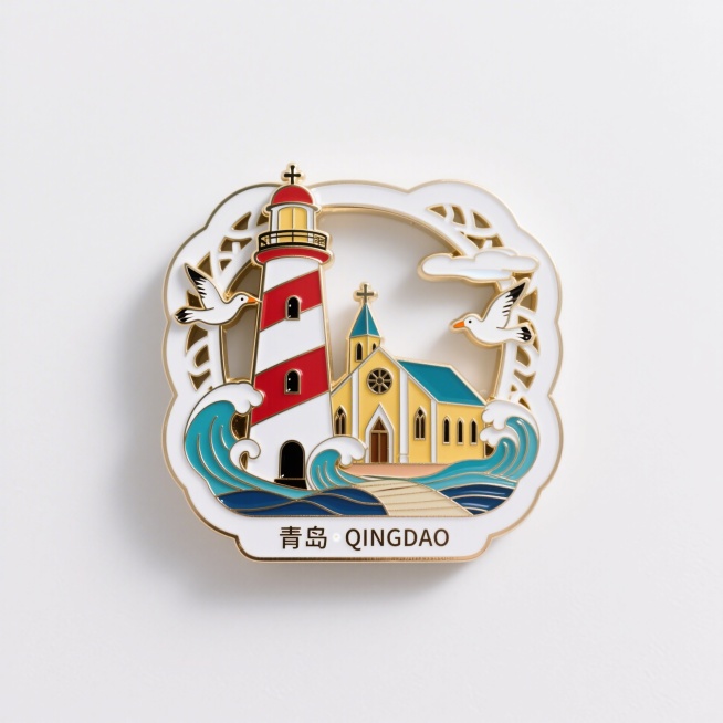 金属珐琅冰箱贴，中国风，灯塔和天主教堂造型，海浪、海鸥装饰而成，不规则边框，镂空设计，下方小字写着“青岛·QINGDAO”，配色鲜艳明亮预览效果