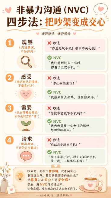一张非暴力沟通四步法的知识分享海报，标题是“非暴力沟通（NVC）四步法：把吵架变成交心”，内容包含四个步骤：1.观察（只说事实，不加评判），例子：❌吵法：“你总是玩手机！根本不关心我！” ✅ NVC：预览效果