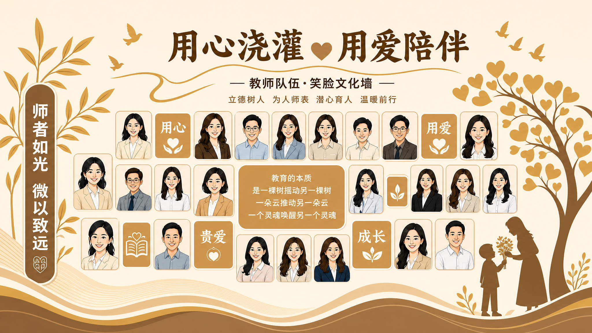 纯矢量插画风格的校园教师笑脸文化墙设计，横版16:9，扁平化矢… - 图片创意预览