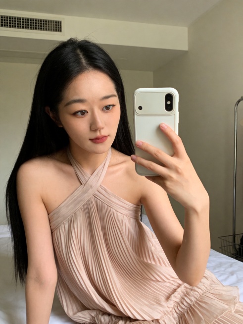 生成年轻女生对镜自拍写真，人物必须高度还原参考图1的五官比例与脸型，保留图1黑色长直发，绝对禁止出现墨镜和金饰配饰；风格为日常写实自拍，自然真实质感，休闲松弛氛围，原参考图2裸粉色挂脖百褶荷叶边连衣裙预览效果