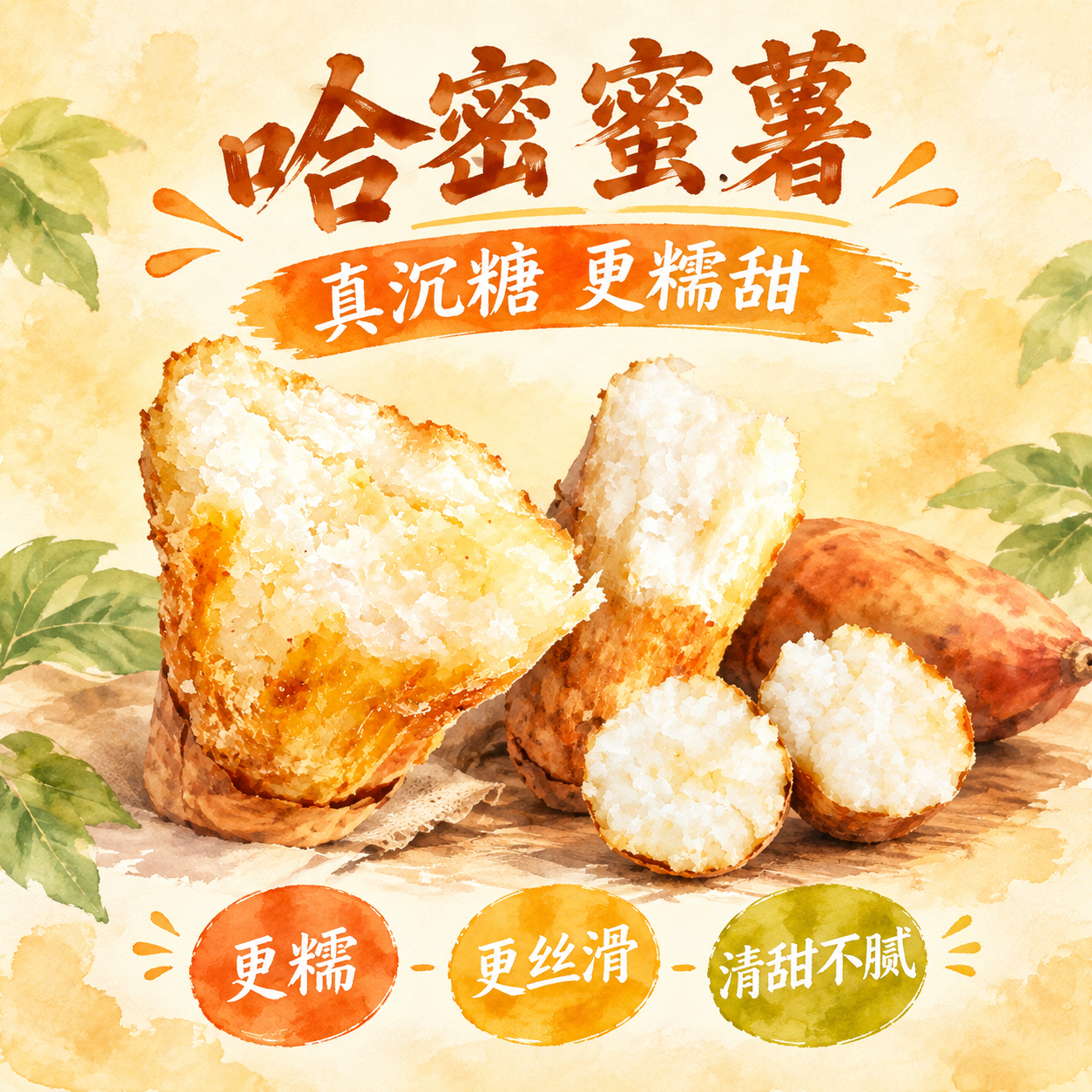 哈密蜜薯食品营销海报，1:1正方形，手绘水彩风格。水彩手绘质感… - 图片创意预览