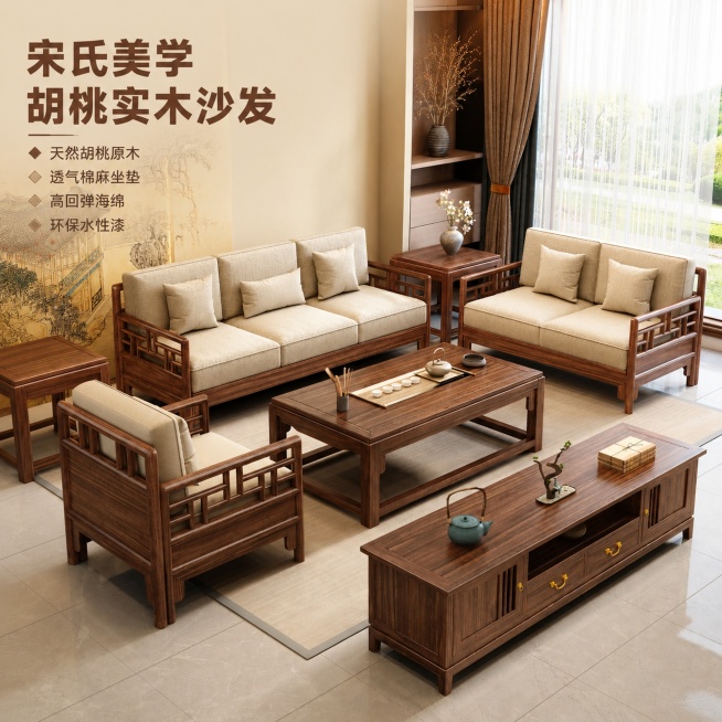 使用电商主图技能生成5张比例1:1的电商主图，适配平台为拼多多，商品为「图片1」「图片1」「图片1」「图片1」「图片1」，商品卖点为胡桃材质，宋氏美学风格，坐垫是透气棉麻+高回弹海绵，品牌环保水性漆，预览效果