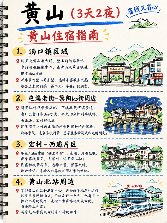 手绘笔记本风格的黄山旅游攻略第6页住宿指南，竖版3:4比例，米白色纸张背景，左侧黑色螺旋线圈装订。顶部大标题黑色毛笔字体"黄山"，红色"（3天2夜）"，右上角蓝色手写体"省钱又省心"配简笔小山。蓝色粗横线。红色大标题"黄山住宿指南"两侧黄色小短线。四个住宿区域板块蓝色虚线分隔：1.黄色圆形数字"1." + 黑色下划线标题"汤口镇区域"，右侧配简笔手绘：黄山南大门+小镇建筑山景。2条红色图钉项目符号：这里是黄山南大门，登山前的落脚地，步行可达换乘中心，去黄山风景区很近，逛吃chao方便；酒店多为登山商务型，选择丰富服务成熟，适合追求便利感、第二天一早登山的朋友。2.黄色圆形数字"2." + 黑色下划线标题"屯溪老街-黎阳lao街周边"，右侧配简笔手绘：新安江+古桥+徽派建筑夜景。2条红色图钉项目符号：新安江畔夜景聚集地，下楼就是河滨步道，看日出看日落chao方便，公交10分钟到高铁站，去西递、宏村都很近；这里有不少性价比高的河景民宿和特色客栈，价格亲民，适合喜欢河景、想深度体验筑城风光的朋友。3.黄色圆形数字"3." + 黑色下划线标题"宏村-西递片区"，右侧配简笔手绘：宏村南湖+徽派古村落倒影。2条红色图钉项目符号：年轻人chao爱的"画里乡村"，南湖、月沼扎堆，夜景客栈贯穿，去塔川、协里都hin快；民宿和夜景房多，选择丰富，预算友好，适合情侣、年轻人和喜欢拍照打卡的姐妹。4.黄色圆形数字"4." + 黑色下划线标题"黄山北站周边"，右侧配简笔手绘：黄山北站高铁站+列车。2条红色图钉项目符号：紧邻黄山北站和奥体中心，适合赶早班车和返程，这里很多连锁酒店，价格友好一点点，也有不少性价比高的民宿，去徽州古城游玩比较方便，省去路上奔波；适合赶车家庭或专门来中转的姐妹。可爱手绘简笔画马克笔风格，和参考图风格1:1一致。