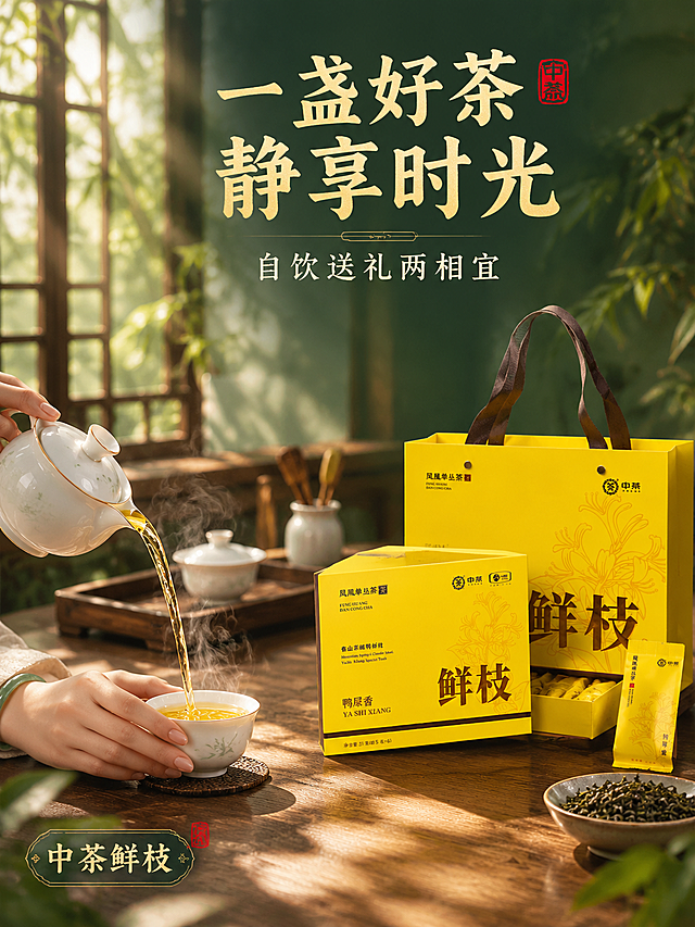 [主图-4 3:4] 抖音主图第四张，中茶凤凰单丛茶鲜枝鸭屎香，沉浸式氛围感新中式风格，核心任务是展示饮用场景，增强生活代入感。
[统一基调] 整体风格为沉浸式新中式雅致氛围感，背景主色调为深墨绿渐变搭配暖金色光晕，标题字色为暖金色，辅助字色为米白色，强调色为朱砂红印章点缀，字体为粗宋楷体，字号层级分明，卡片采用半透明深墨绿磨砂质感，整体光影柔和有层次。
[画面] 新中式茶室场景竖版构图，窗边的木质茶桌上，摆放着黄色礼盒（半开状态）、独立小包装、白瓷茶具一套，茶壶中正往茶杯里倒茶，茶汤呈优美的弧线倒入杯中，冒着热气。窗外是淡淡的竹林剪影，有柔和的自然光透过窗棂洒进来，在桌面上形成光影斑驳的效果。一只手（女性，优雅的手部）正扶着茶杯。产品礼盒在画面右侧中下部，占画面约30%。画面上方留有负空间。
[光影质感] 商业摄影质感，自然光从左侧窗户射入，形成柔和的光影斑驳效果，茶汤倾倒的动态瞬间清晰，茶具温润有光泽，木质桌面纹理自然，整体氛围宁静雅致，沉浸式体验感强。
[配色] 背景暖木色+窗外翠绿色，产品明黄色，茶汤金黄色，文字暖金色+米白色。
[文字版式] 画面上方主标题"一盏好茶 静享时光"暖金色粗宋楷体大字，下方小字"自饮送礼两相宜"米白色，左下角有"中茶鲜枝"标识。文字放在画面上方负空间，不遮挡倒茶动态和产品主体。
[输出要求] 3:4竖版比例，文字清晰可读，产品清晰完整，画面有沉浸式氛围感。禁止变形、错字、模糊、杂乱、水印、平台Logo、违禁词、手部畸形。