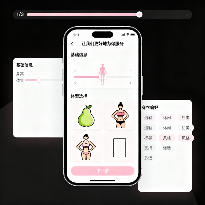 图2：身材信息收集
文案：简洁表单页，标题“让我们更好地为你服务”，分三部分：

基础信息：身高、体重的滑动选择器（可视化形象随数值变化）

体型选择：4种体型插画（梨形、苹果形、沙漏形、矩形）卡片式预览效果