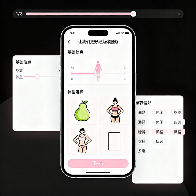 图2：身材信息收集
文案：简洁表单页，标题“让我们更好地为你服务”，分三部分：

基础信息：身高、体重的滑动选择器（可视化形象随数值变化）

体型选择：4种体型插画（梨形、苹果形、沙漏形、矩形）卡片式选择

穿衣偏好：风格标签选择（通勤、休闲、甜美等），可多选

界面元素：

顶部进度条（1/3）

可视化体型预览

底部“下一步”按钮

关键词：mobile app form screen for body info, progress bar on top, height/weight sliders with visual avatar, 4 body type illustrations in cards, style preference tags, next button, clean white UI with soft pink accents --ar 9:19