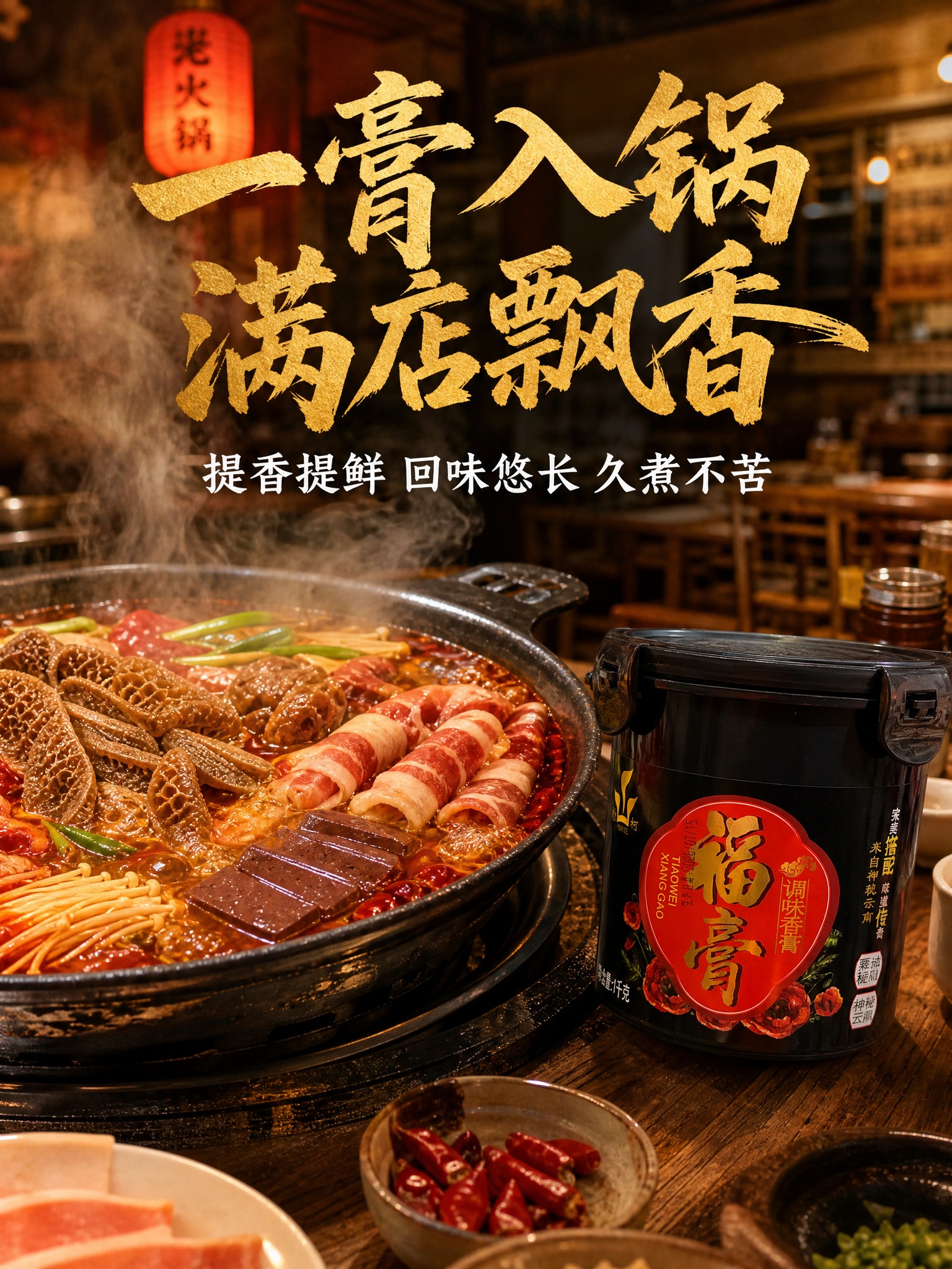 暖调市井餐饮商用风格海报，3:4竖版，画面主体是一锅热气腾腾的… - 图片创意预览