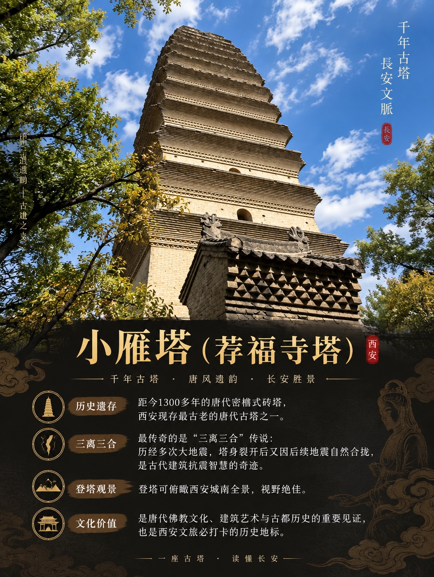 基于这张小雁塔实拍图片，制作成3:4竖版文物/古建筑介绍图，博… - 图片创意预览