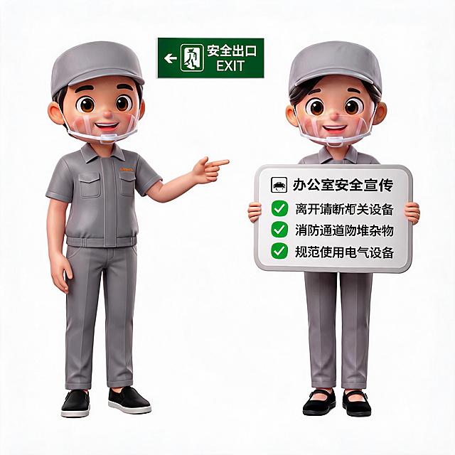 保留这两个3D卡通人物的主体特征不变，更换新的姿势适配办公室安全宣传场景，纯白色背景，4K高清，安全宣传海报