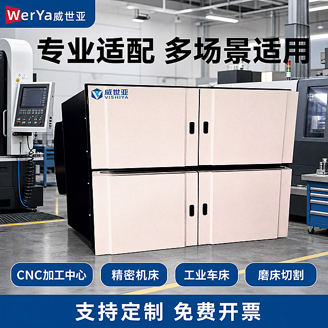 [主图-3] 适用场景展示副图，展示产品安装使用场景，氛围为真实工业车间应用场景风格，画质为纪实商业摄影质感，高清真实，保持油雾净化器产品外观与输入产品图绝对一致，产品安装在现代化CNC加工车间内，放置在机床旁，背景可见工业机床和车间环境，还原真实使用场景，左上角保留品牌Logo，产品主体突出，场景真实自然，不突兀，车间均匀自然光，产品和环境光影融合自然，整体明亮清晰，工业灰色车间背景，产品主体突出，红蓝品牌配色点缀，中景平视视角，产品在画面中心占比约60%，展示产品和使用环境的关系，顶部大字标题"专业适配 多场景适用"，黑色粗体；底部四个圆角标签分别标注"CNC加工中心""精密机床""工业车床""磨床切割"，白字蓝底清晰展示适配场景；最底部蓝底白字标注"支持定制 免费开票"，突出服务优势，1:1比例，4k分辨率，文字清晰可辨，超高清，负向提示词：变形，水印，文字错乱，产品图模糊，背景杂乱，场景违和