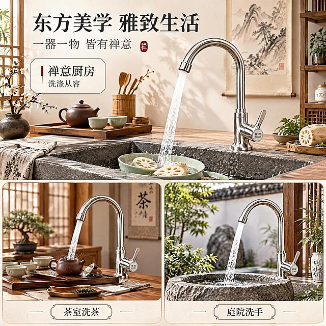 [主图-4] 场景适用与东方生活美学展示，新中式禅意风格，展示龙头融入新中式厨房与茶室的雅致场景，传递东方生活方式。
[统一基调] 整体风格新中式禅意、东方美学、温润雅致；背景主色为米白+浅灰+原木棕+水墨灰；标题字色为深墨色，辅助字色为中灰色，强调色为朱红色（少量点缀）；字体为宋体/楷体风格的衬线体，字号层级分明；卡片采用米白色圆角宣纸质感样式，细墨色边框。
[画面] 采用1+2宫格新中式生活美学版式。上方大图占画面约60%，展示新中式禅意厨房中高抛大弯单冷水龙头的雅致场景：青石板水槽中放着青瓷碗与新鲜莲藕，水流从龙头流出，旁边有原木茶盘、紫砂壶、竹制茶则、干枝梅花、水墨挂画，充满东方禅意与生活美学；场景包含浅原木色实木台面、白色哑光墙面、竹制置物架、窗格光影，整体温润雅致。下方左右两个小宫格，左格展示茶室茶台洗茶场景（紫砂壶+青瓷杯+茶席+龙头出水），右格展示中式庭院洗手台场景（青石板+石槽+绿植+龙头出水），每个小格中都有同款单冷水龙头，体现东方生活美学。每个小宫格下方有短场景标签。
[光影质感] 商业摄影质感，柔和的窗格漫射光，每个场景光线统一为柔和侧前光，金属产品自然融入场景，有柔和接触阴影，无悬浮感；整体光线温暖雅致，有东方禅意氛围感。
[配色] 主色调米白、浅灰、原木棕、金属银、青瓷色；不同场景有各自东方元素但整体色调统一雅致；标题深墨色，标签文字中灰色。
[文字版式] 顶部主标题深墨色大字"东方美学 雅致生活"，副标题中灰色"一器一物 皆有禅意"；上方大图旁有淡标签"禅意厨房 洗涤从容"；下方两个小宫格下方分别有标签"茶室洗茶""庭院洗手"；文字统一为宋体风格衬线体，字号层级清晰，留白充足。
[输出要求] 1:1正方形比例，2K分辨率，三个场景产品外观一致，新中式风格统一雅致，东方韵味浓，文字清晰；负向：产品变形、结构不一致、色差、模糊、水印、平台Logo、场景杂乱、悬浮感、宫格样式不统一、风格不统一。
