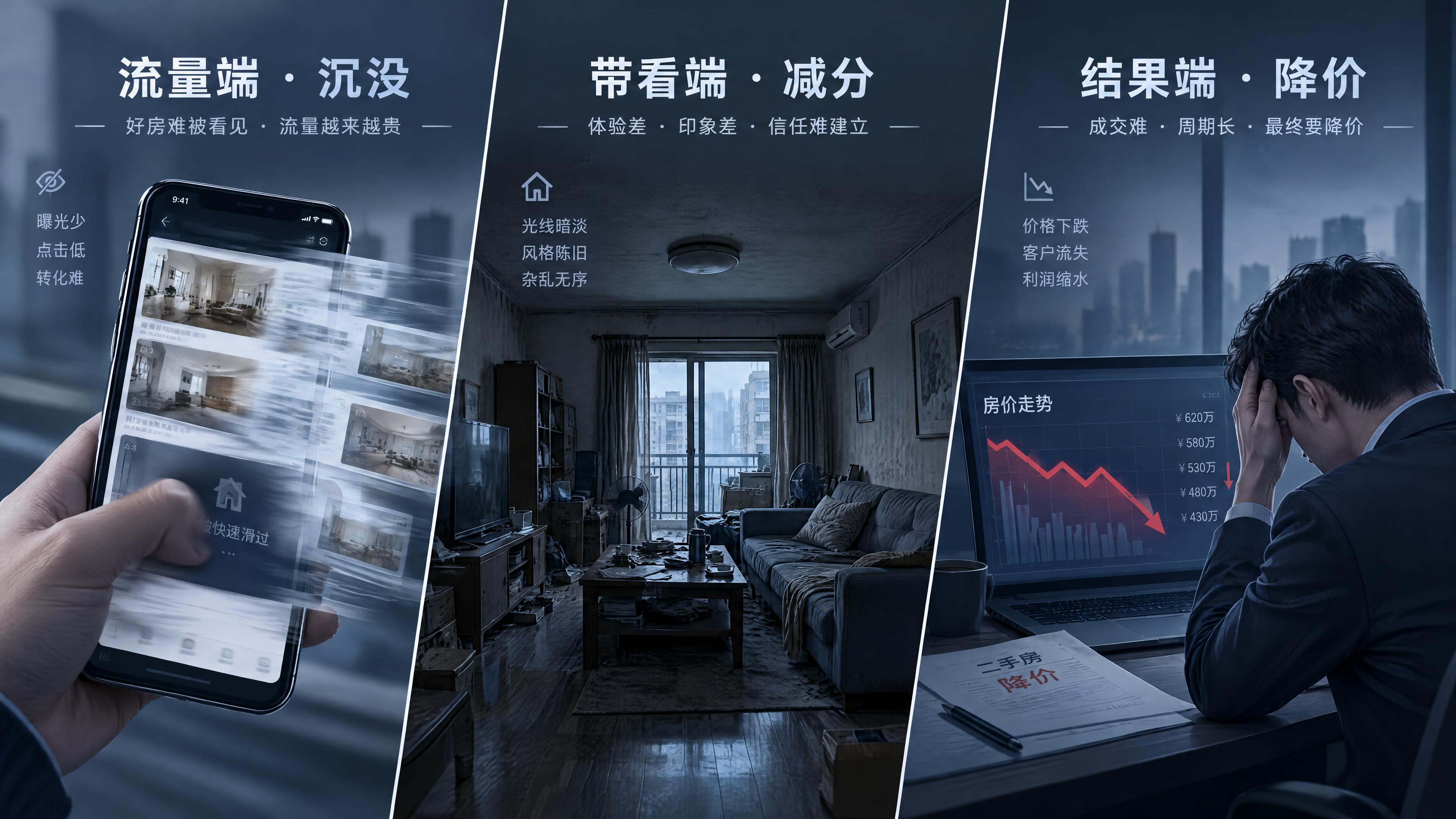 三联概念拼图，展示二手房卖房三大痛点。左侧：暗淡无光的房屋照片… - 图片创意预览