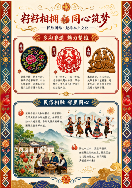 A4尺寸籽籽相拥同心筑梦民族团结主题电子板报第三页楚雄本土文化页，风格为楚雄民族风加清新校园国风，庄重整洁积极向上，主色调为中国红鎏金黄青黛蓝，统一装饰石榴籽、彝族太阳花纹、祥云、民族几何花边。页面为预览效果