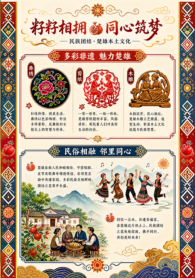 A4尺寸籽籽相拥同心筑梦民族团结主题电子板报第三页楚雄本土文化页，风格为楚雄民族风加清新校园国风，庄重整洁积极向上，主色调为中国红鎏金黄青黛蓝，统一装饰石榴籽、彝族太阳花纹、祥云、民族几何花边。页面为上下双栏目结构，页面侧边加细民族纹样竖边条。上板块小标题为"多彩非遗 魅力楚雄"，配图为彝绣、剪纸、木雕非遗小图标组合。下板块小标题为"民俗相融 邻里同心"，配图为民族歌舞、乡村和睦风情简约插画。图文穿插，四边均匀留白，内容饱满不拥挤。