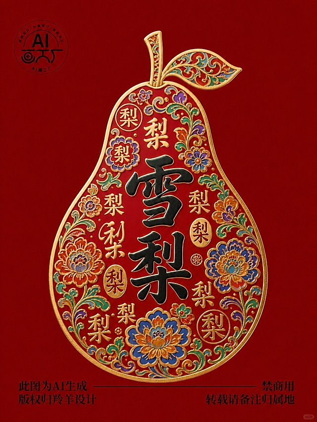 将梨形图案中的'雪梨'书法大字改为黑色，其他元素保持不变：红色背景，金色描边，景泰蓝掐丝珐琅风格，周围的梨字和花卉纹样颜色保持原样，整体喜庆华丽的国风质感，金属光泽，浮雕效果