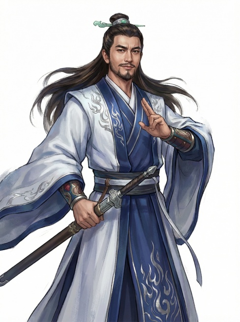 图片的比例、大小、绘画风格不变，人物的服饰、发型、动作、手势贴近金庸武侠小说中倚天屠龙记中的明教光明左使杨逍，人物的五官和表情贴近男明星黄晓明，不局限于现在的动作，要求像个帅气的武林高手预览效果