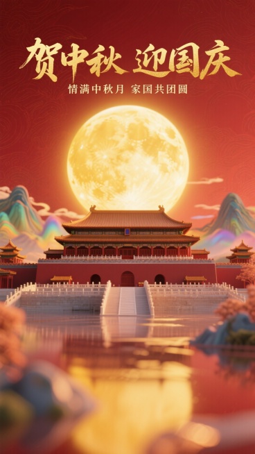中式美学风格，背景：褚红色，山水暗纹。画面上方有书法字标题“贺中秋 迎国庆”和小字“情满中秋月 家国共团圆”，金色；画面下方为故宫建筑，后面是模糊的金黄色圆月轮廓，呈现高斯模糊与炫彩光影叠化效果，增强预览效果