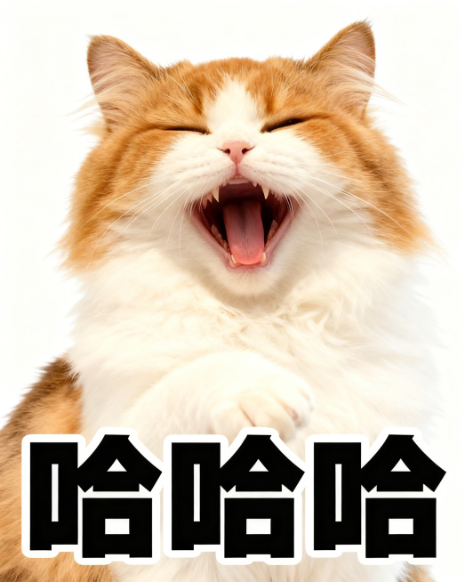 给图中的布偶小猫搭配可爱搞怪动作：咧嘴眯眼大笑，白色纯色背景，下方配黑色粗体文字“哈哈哈”，风格和参考的橘猫上班表情包一致预览效果