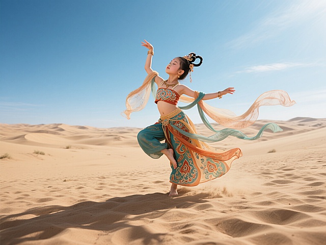 沙漠中，古典舞者身着国潮服饰，飘带飞扬，尽显民族优雅与唯美。