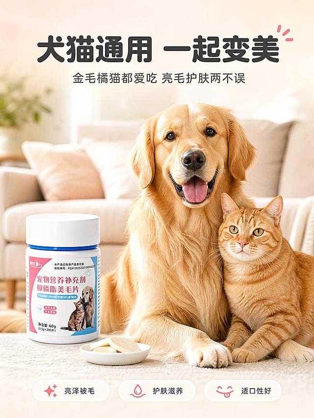 [商品] 使用【图3】尊养仕宠物卵磷脂美毛片瓶身正面图；保留白色圆柱瓶身、白色瓶盖、蓝色密封圈、粉白标签和猫狗图案；修复瓶身瑕疵，提亮通透，增强质感。
[画面] 页面目标：宠物互动展示 真实使用状态与亮毛效果。画面中央一只金毛犬坐着，毛发蓬松有光泽，旁边一只橘猫依偎在金毛身边，两只宠物毛发都呈现健康亮泽状态。前景左下角放产品瓶身，占画面约30%，清晰可辨。瓶身旁一个白色小食碟里有几片美毛片。背景是虚化的温馨客厅，浅米色沙发和柔和光线。整体氛围温馨有爱。
[视觉] 套系策略：风格=国内宠物营养品高清商业摄影 自然光柔光 简约氛围感；标题字=圆润无衬线粗体 字形饱满亲和；正文字=简洁圆润无衬线体；主色=浅奶白暖调；背景延展=基于浅奶白做深浅层级 同色渐变 细腻柔光质感 局部加入淡粉和浅蓝晕染；强调色=珊瑚粉 仅用于小面积图标 引线 标签和重点词高亮；标题色=深炭灰；正文色=中暖灰；组件=白色圆角信息卡 细线引线 圆润图标；光影=左前侧自然光柔光 暖调 宠物毛发层次丰富有光泽 瓶身有柔和高光 整体温暖明亮有氛围感。
[文字] 顶部居中主标题大字「犬猫通用 一起变美」，副标题「金毛橘猫都爱吃 亮毛护肤两不误」。底部三个圆润小标签横向排列，分别写「亮泽被毛」「护肤滋养」「适口性好」。文字横排，居中对齐，主标题最大，副标题缩小60%，标签文字最小。
[规格] 图片比例3:4竖版，4K，避免变形、错字、文字过小、冷蓝/冷灰背景、宠物形态失真、夸张功效承诺、二维码、平台Logo、水印、手部。