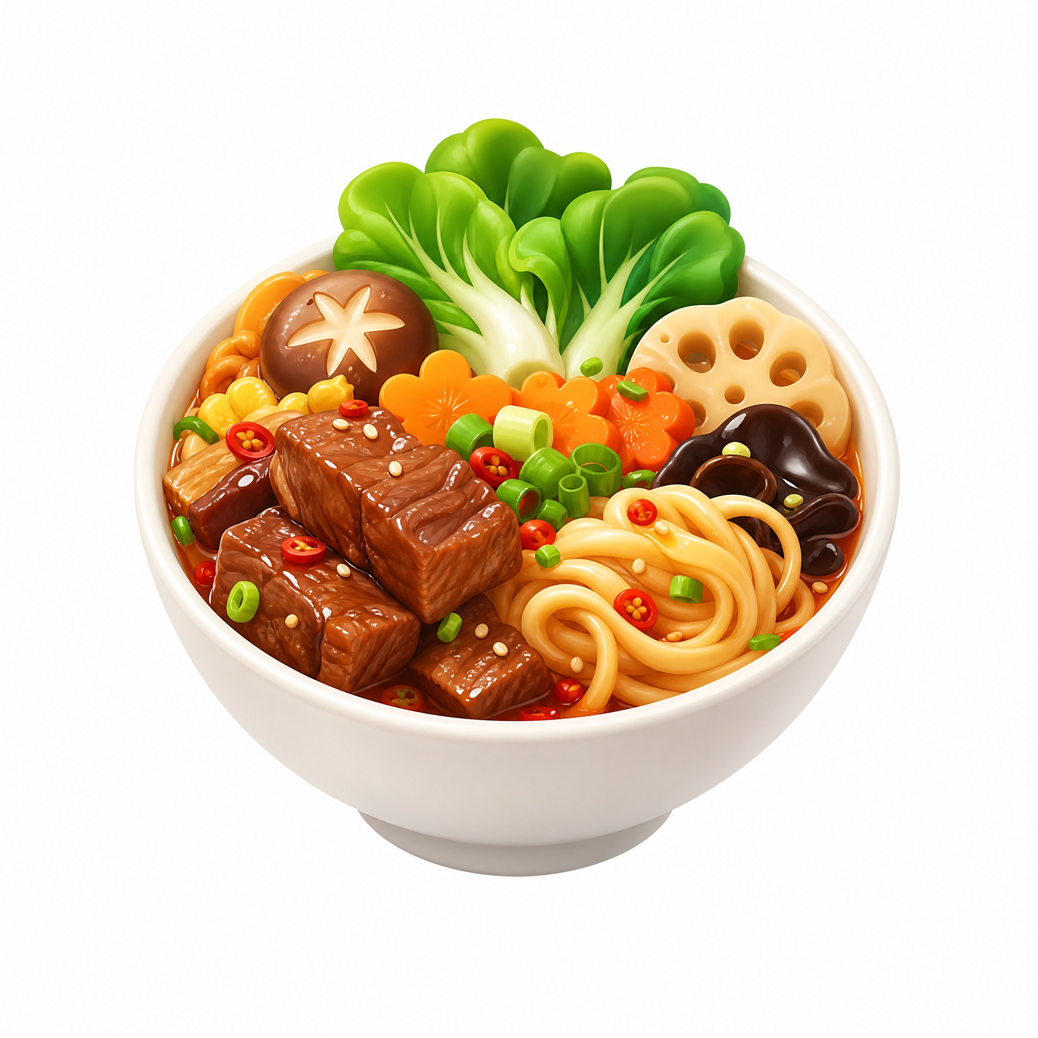 3D卡通风格的预制菜图标，一碗丰富的料理，有面条、肉类、蔬菜和… - 图片创意预览