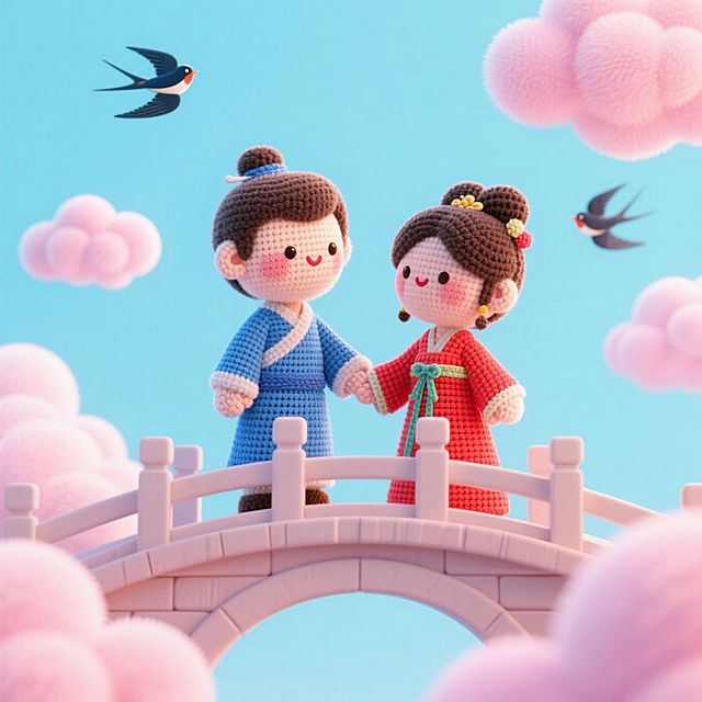 毛绒钩针玩偶情侣，一对传统古风情侣在桥上牵手，男子身着蓝衣，女子身着红衣，粉色云朵，空中有喜鹊，背景浅蓝色