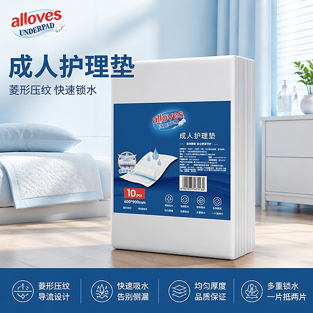 [主图-1] alloves成人护理垫产品首图。氛围风格干净专业实用，明亮清爽；商业摄影质感，光线柔和通透，产品清晰真实，画面干净高级。alloves成人护理垫包装居中展示，背景为简洁明亮浅蓝家居护理场景，保留原图品牌Logo在左上角，保持产品外观、材质、颜色和原图绝对一致，无变形色差，商品主体占比65%，满屏无边框。明亮侧前方自然光，亮度均匀通透，阴影柔和，突出立体感和洁净感，主色浅蓝，辅助白色，平视45度斜侧视角，产品完整居中。左上角品牌Logo下方左对齐，大字文案为"成人护理垫"，深蓝色粗体，小字为"菱形压纹 快速锁水"。底部通栏均分四列：菱形压纹 导流设计、快速吸水 告别侧漏、均匀厚度 品质保证、多重锁水 一片抵两片，蓝底白字对比清晰。1:1比例，4k分辨率，文字清晰。负向提示词：变形，文字错乱，产品模糊，背景杂乱，水印，电商平台Logo