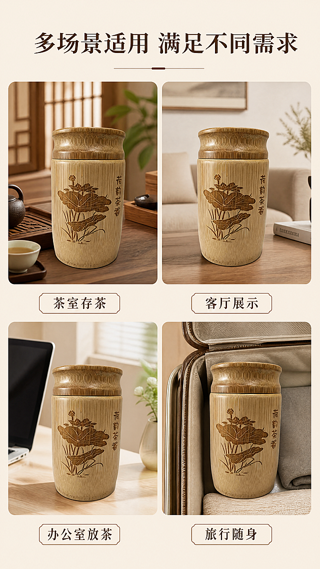 [第6屏] 多场景展示-竹茶叶罐多场景使用拼贴。本屏用【图1】保持原产品结构颜色，2x2四宫格布局，每个格子放不同场景：茶室存茶、客厅展示、办公室放茶、旅行随身。每个场景标注名称，顶部主标题。浅米底色，深棕文字。标题“多场景适用 满足不同需求”。9:16竖版，4K，文字清晰。负向：变形，错色，拼接乱，文字挡产品。