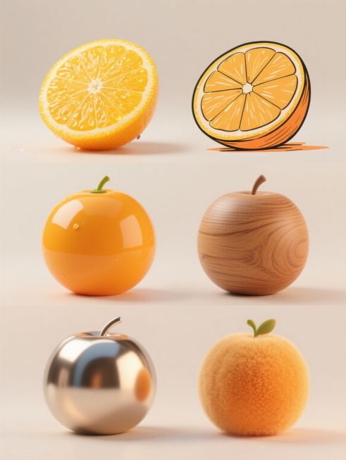 一张展示6个橙子造型的设计图，上下两行对齐排列，每个橙子具有不同的配色、样式和材质。整体采用高清晰度的摄影写实风格，光线明亮柔和，呈现出自然的光影效果，背景为浅色。第一个橙子是新鲜饱满的切片橙子，橙黄色果肉纹理清晰，表面带有晶莹的水珠；第二个是手绘风格的橙子，线条流畅，色彩明快；第三个橙子呈现出光滑的塑料材质感，颜色鲜艳；第四个是木质纹理的橙子造型，自然质朴；第五个橙子具有金属光泽，质感坚硬；……预览效果