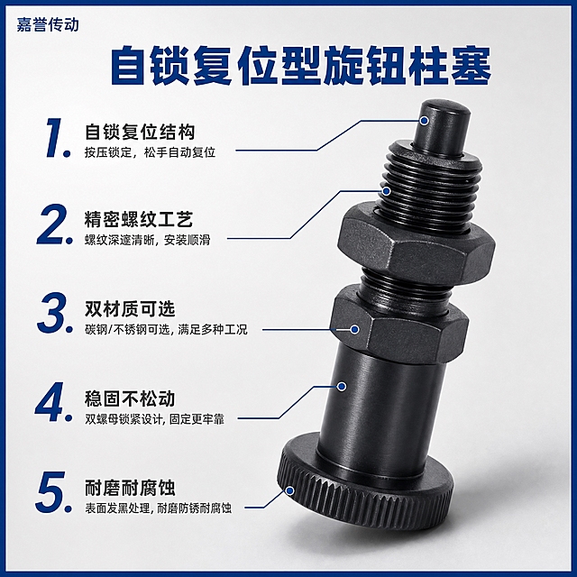 [主图-2] 产品亮点卖点图，展示自锁复位结构原理与五大核心卖点，用编号引线方式标注产品关键优势。
[统一基调] 专业工业风，浅灰色渐变背景，深蓝色细边框（约8px）包裹整图，主标题深蓝色粗体，辅助文字深灰色，强调色用深蓝色，字体为无衬线粗体，字号层级分明，整体干净规整。左上角放置店铺名称「嘉誉传动」深蓝色小字。
[画面] 画面右侧放大展示一支黑色碳钢款旋钮柱塞，占画面约50%，45度侧视角度，清晰展示螺纹、六角螺母、复位按钮等结构。左侧竖排5个编号卖点，用细引线从卖点指向产品对应部位：1.自锁复位结构（指向顶部按钮）；2.精密螺纹工艺（指向中间螺纹段）；3.双材质可选（指向金属杆体）；4.稳固不松动（指向六角螺母）；5.耐磨耐腐蚀（指向底部旋钮）。顶部有主标题「自锁复位型旋钮柱塞」深蓝色大字。
[光影质感] 商业摄影质感，主光从左上方照射，金属螺纹反光清晰，黑色表面细腻有质感，产品立体感强，底部有柔和投影。
[配色] 背景浅灰色渐变，边框深蓝色，主标题深蓝色，编号数字深蓝色大号，卖点文字深灰色，引线深蓝色细线。
[文字版式] 顶部居中主标题：自锁复位型旋钮柱塞（深蓝色大号粗体）；左侧竖排5条卖点，每条编号为深蓝色大号数字，后跟深灰色卖点文字，右对齐排列。引线从卖点文字右端延伸至产品对应部位。左上角「嘉誉传动」小号字。
[输出要求] 1:1正方形，文字清晰可读，产品清晰，结构标注准确，无变形错字，无水印无平台logo。