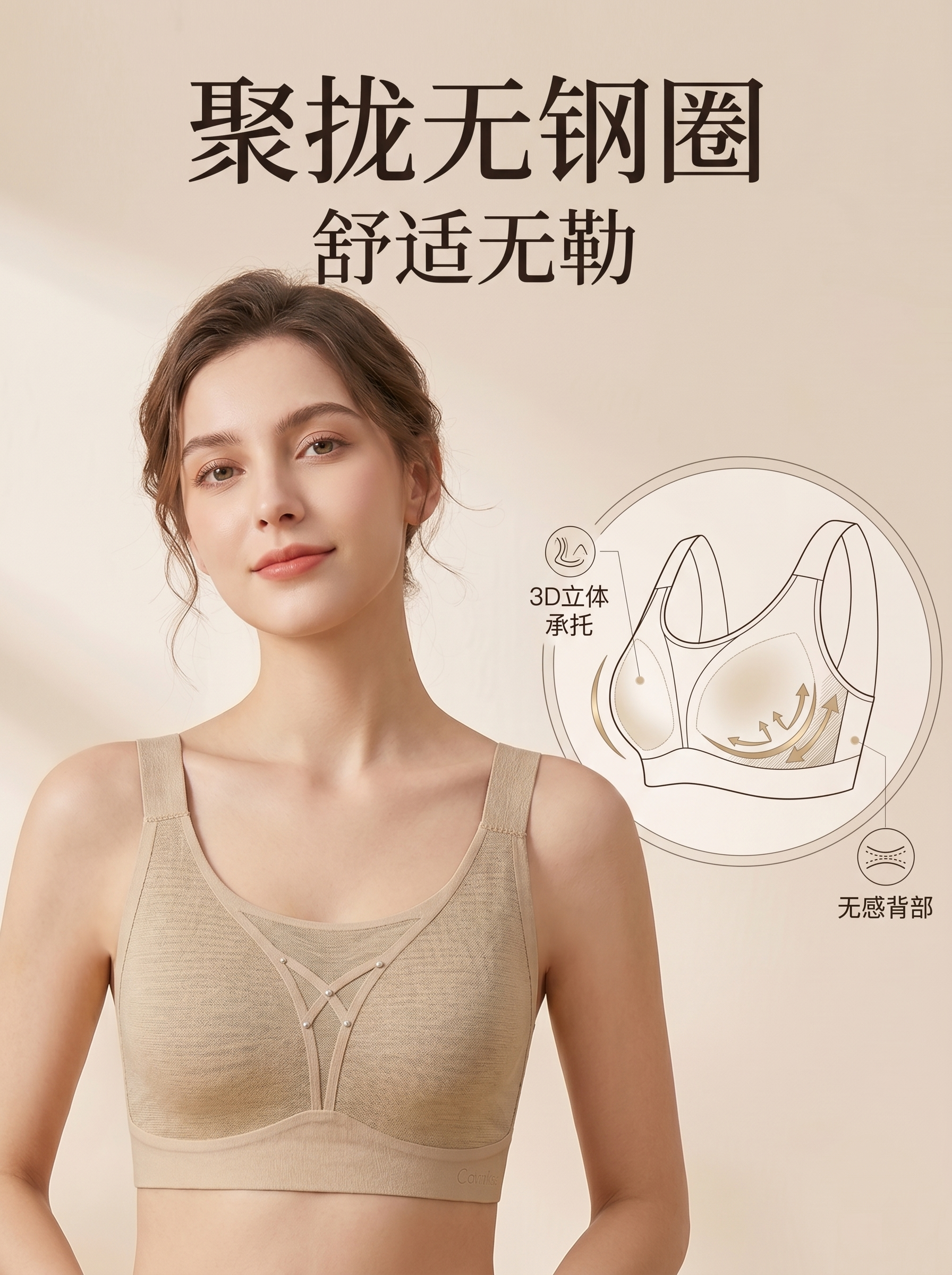 无钢圈内衣承托功能展示，参考图模特同款姿态，使用U领肤色内衣款… - 图片创意预览