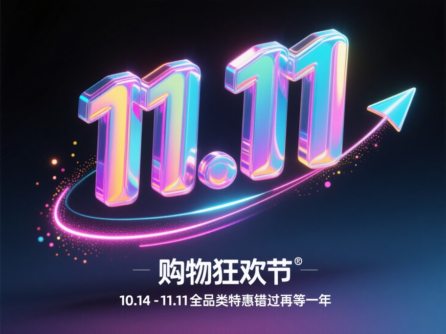 立体11.11数字+箭头，数字表面流动光效，箭头路径有粒子拖尾，荧光色点缀，背景暗色渐变，搭配霓虹线路效果。底部添加“购物狂欢节”标签，副标题“10.14-11.11全品类特惠错过再等一年”预览效果