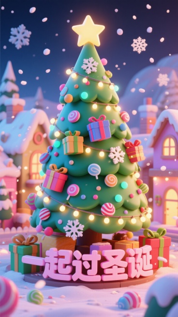 3D卡通风格童话小镇，中间是巨大的圣诞树，树上挂满礼物盒、五角星和雪花装饰，树身缠绕闪烁的彩灯，整体色调为糖果色系，画面充满节日氛围。底部是3D糖果主题字“一起过圣诞”，文字上覆盖飘落的雪花和彩色糖果预览效果