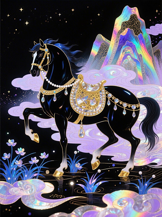 梦幻琉璃山峦映衬下，黑骏马身披鎏金华饰，踏云而行，国潮插画风融合玻璃质感与金属光泽，尽显奢华浪漫与神秘唯美感。