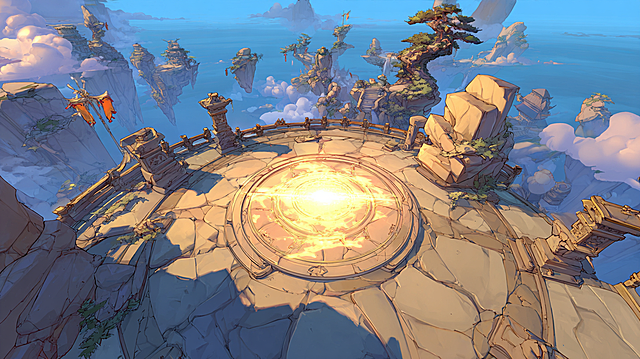 mobile game scene concept, battle scene,二次元国风仙侠风格, RPG mobile game, 45-degree oblique top-down view, Cloud Sea Immortal Gate Sword Trial Platform, circular battle platform suspended above sea of clouds, glowing formation in the center, surrounded by floating immortal mountains, clouds and mist, flying sword array, waterfalls, broken stone pillars, jade railings, immortal gate flags, floating runes, clear and bright immortal xia atmosphere, open space suitable for RPG battles, clear foreground, midground, background levels, clean line art, cel-shading coloring, soft light and shadow --style raw --s 160 --chaos 35 --no realistic, photorealistic, 3D render, Unreal Engine, western fantasy, dark fantasy, sci-fi, cyberpunk, gritty, horror, oil painting, thick painting, empty landscape, modern building, text, logo, watermark
