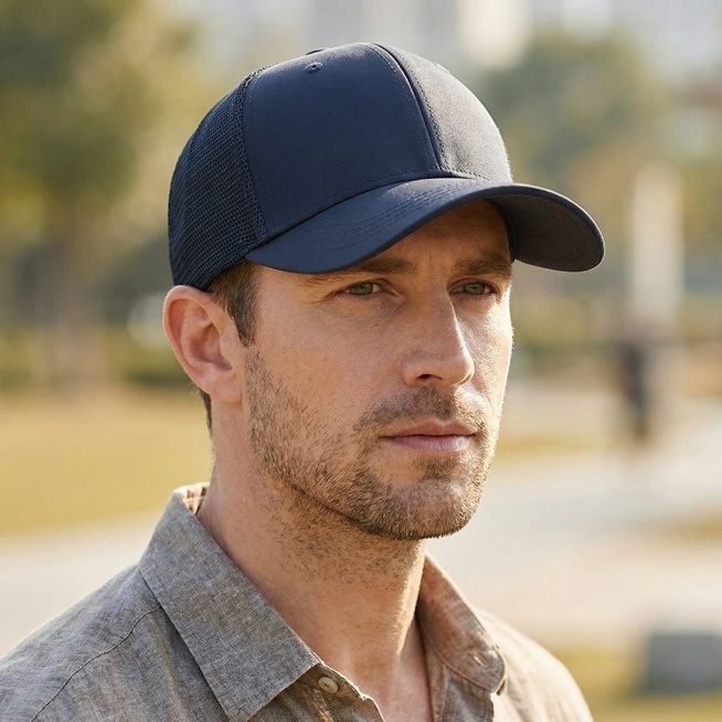 将图片中的藏青色网面棒球帽戴在一位35岁以上的外国白人男性头上，该男性有轻微胡茬，长相帅气，表情自然不笑也不皱眉头，穿着夏装，人物近照，写实风格预览效果