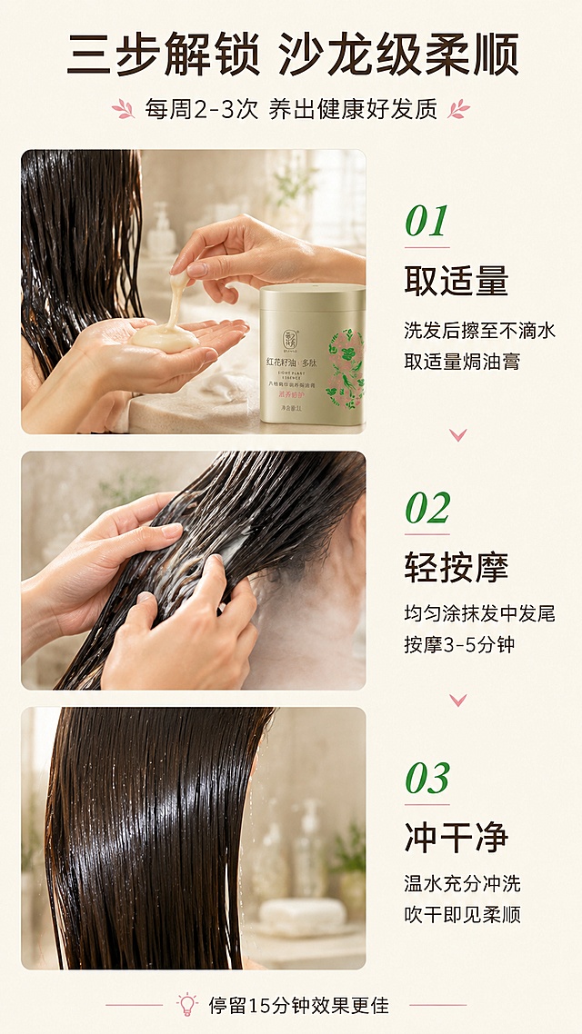[第6屏] 详情页使用步骤-三步居家护发流程。本屏使用【图1】作为步骤1中的产品配图，保持罐体外观一致。
[氛围/风格] 清新实用感，步骤分栏展示，生活场景摄影质感。
[元素布局] 画面纵向分为三等分，三步流程从上到下排列：第1步「洗净发丝」展示湿发状态与取适量焗油膏的手部动作，焗油膏罐体置于旁侧；第2步「按摩停留」展示双手按摩发丝的特写，发丝裹着丰润膏体，有蒸汽氛围；第3步「冲洗吹干」展示冲洗后柔顺亮泽的发丝特写；每步之间有细箭头连接引导；背景为浅米色浴室场景，整体干净明亮。
[光影质感] 均匀明亮的浴室自然光，每步场景光线一致，阴影柔和，整体通透干净。
[配色色系] 全局底色 #F5EFE4 米杏色；主色草木绿、深棕发丝；辅助色米白、豆沙粉。
[视角构图] 纵向三步流布局，阅读动线从上到下，每步左图右文。
[文字版式] 顶部大标题：主标题「三步解锁 沙龙级柔顺」粗黑体，副标题「每周2-3次 养出健康好发质」细体；每步左侧为场景图，右侧为编号+步骤名+说明：「01 取适量」洗发后擦至不滴水，取适量焗油膏；「02 轻按摩」均匀涂抹发中发尾，按摩3-5分钟；「03 冲干净」温水充分冲洗，吹干即见柔顺；底部小字提示「停留15分钟效果更佳」。
[比例分辨率] 9:16竖版比例，4K分辨率，文字清晰可辨，高清画质。
[负向提示词] 罐体变形，包装文字错误，步骤混乱，水印，文字过小，人物面部，医疗术语