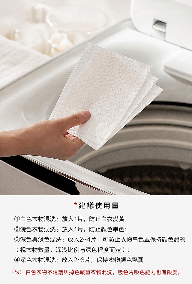 图生图修改：将图中所有中文简体文字替换为繁体中文，手部持吸色片、洗衣机背景、产品外观、颜色、排版布局全部保持不变。替换的繁体文字如下：下方标题改为「*建議使用量」；四条用量说明依次改为「①白色衣物混洗：放入1片，防止白衣變黃；」「②淺色衣物混洗：放入1片，防止顏色串色；」「③深色與淺色混洗：放入2~4片，可防止衣物串色並保持顏色豔麗（視衣物數量、深淺比例與深色程度而定）；」「④深色衣物混洗：放入2~3片，保持衣物顏色豔麗。」；底部红色Ps文字改为「Ps：白色衣物不建議與掉色嚴重衣物混洗，吸色片吸色能力也有限度；」。所有文字字体、字号、颜色、位置与原图完全一致，仅做简转繁。不要改变任何图像元素。