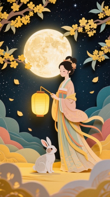 画面中心为手持灯笼的古装少女与玉兔，背景是巨大满月，四周点缀桂花枝与飘落花瓣，整体营造梦幻、温馨、喜庆氛围，视觉焦点在前景人物与玉兔，中景为发光满月，背景为深邃星空。预览效果