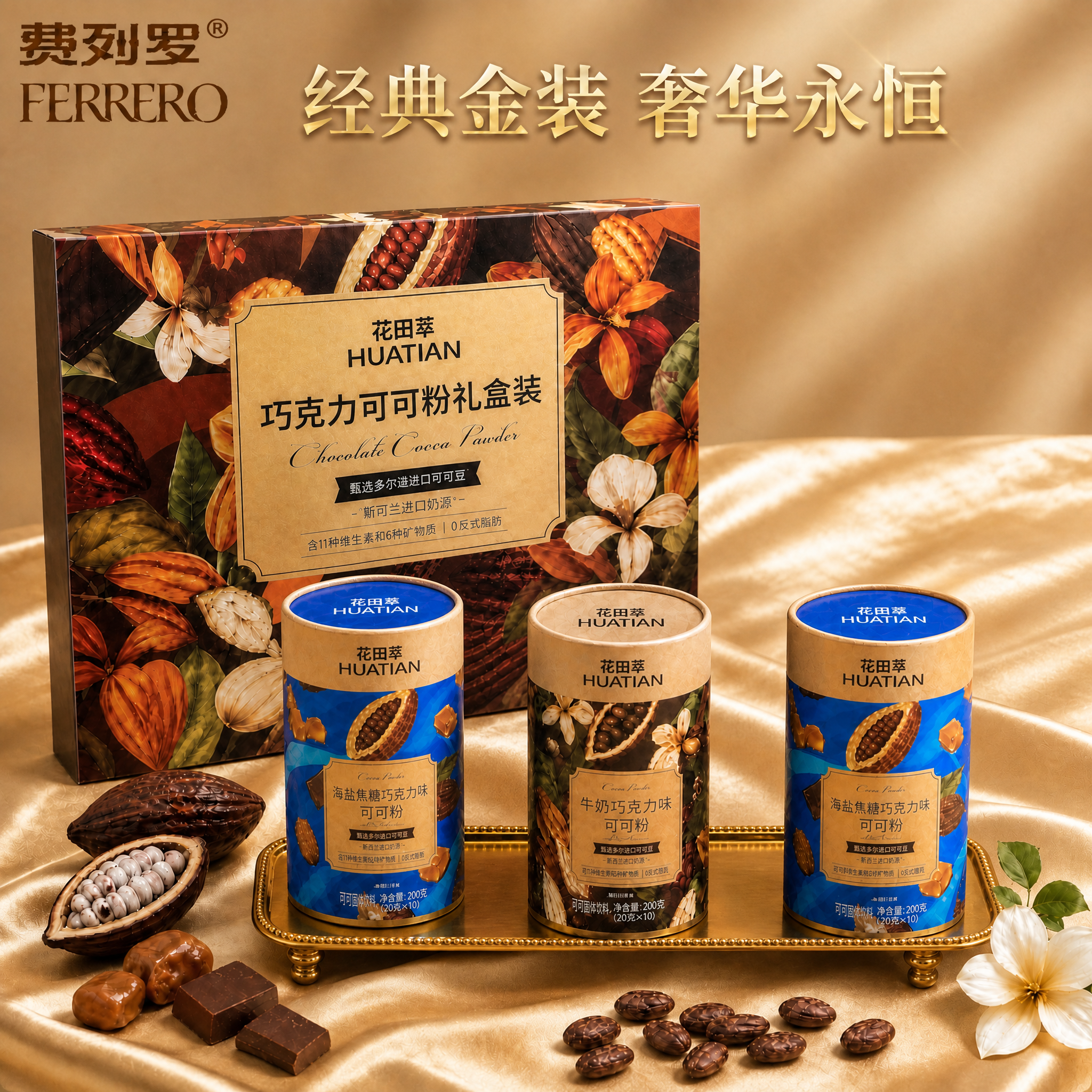 去除画面右侧的热可可杯、可可粉、小条装产品和树莓等元素，保留金… - 图片创意预览