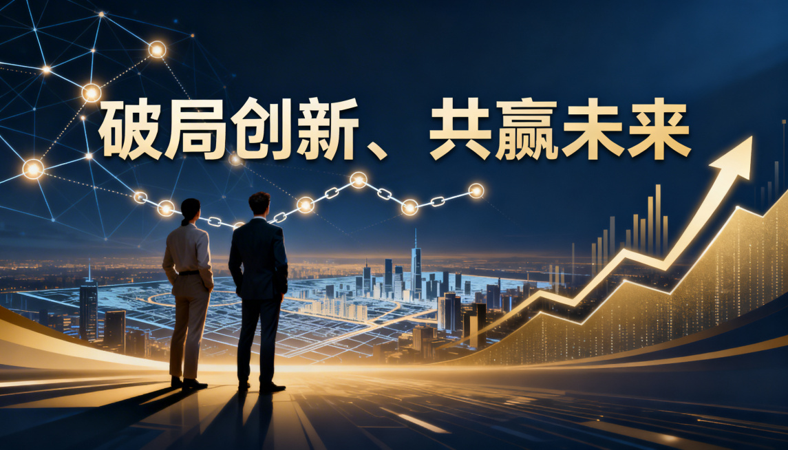 商务科技风横版海报，主题为“破局创新、共赢未来”，画面展现合作双方并肩看向远方城市蓝图的场景，搭配发光的合作链路图、上升数据曲线元素，整体色调以深邃蓝和暖金为主，质感通透高级，醒目位置突出文字“破局创预览效果
