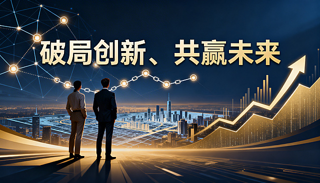 商务科技风横版海报，主题为“破局创新、共赢未来”，画面展现合作双方并肩看向远方城市蓝图的场景，搭配发光的合作链路图、上升数据曲线元素，整体色调以深邃蓝和暖金为主，质感通透高级，醒目位置突出文字“破局创新、共赢未来”，传递长期合作共促发展的理念