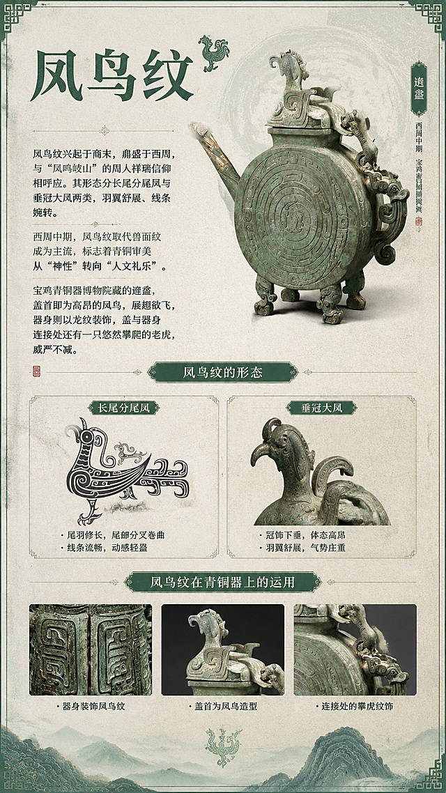 生成一张介绍凤鸟纹的知识科普长图，整合提供的四张图片，加入介绍文字：“凤鸟纹
凤鸟纹兴起于商末，鼎盛于西周，与“凤鸣岐山”的周人祥瑞信仰相呼应。其形态分长尾分尾凤与垂冠大凤两类，羽翼舒展、线条婉转。西周中期，凤鸟纹取代兽面纹成为主流，标志着青铜审美从“神性”转向“人文礼乐”。宝鸡青铜器博物院藏的逨盉，盖首即为高昂的凤鸟，展翅欲飞，器身则以龙纹装饰，盖与器身连接处还有一只悠然攀爬的老虎，威严不减。”，整体保持典雅庄重的国风设计，清晰排版图文，色调为青绿色搭配米白宣纸质感背景，展现商周青铜器的文化韵味，竖版长图格式，和之前饕餮纹、夔龙纹长图风格保持一致。